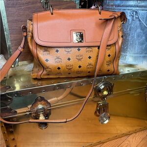 MCM Cognac Visetos Printed Satchel Crossbody Bag - Two way flap leather